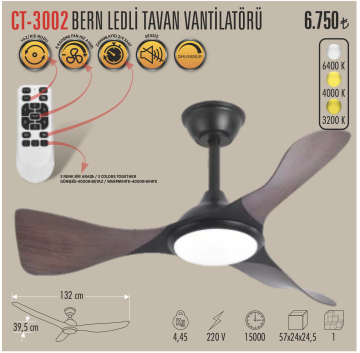 Cata Bern Dimlenebilir Işıklı 3 Kanatlı Uzaktan Kumandalı Tavan Tipi Vantilatörü CT-3002