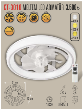 Cata Meltem 3 Renk Yanma Modlu Dimlenebilir Fan Led Ampul Aydınlatma CT-3010