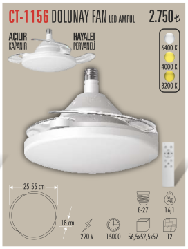 Cata Dolunay 3 Renk Yanma Modlu Dimlenebilir Fan Led Ampul Aydınlatma CT-1156
