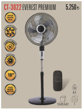 Cata Everest Premium 5 Pervaneli 3 Kademeli Siyah Gövde Ayaklı Vantilatörü CT-3022