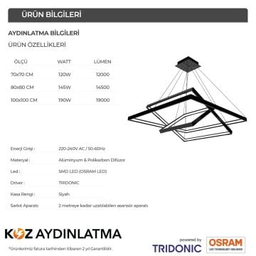 Kare Satürn Modern Led Avize Sarkıt Linear Aydınlatma Sarkıt Lineer Avize 30-50-70 - 3000  K (Gün Işığı) - Antrasit
