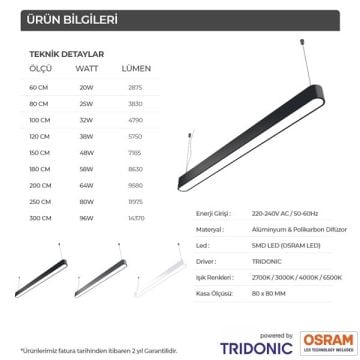 Osram Led Tridonic Trafolu Sıva Üstü Oval Linear Armatür 8x8 Cm Kasa Linear Aydınlatma 2700K (Sarı Işık) - 150CM - Askılı - Antrasit