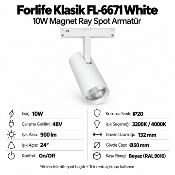 Forlife Klasik FL-6671 White 10W Magnet Ray Spot Armatür Beyaz Kasa
